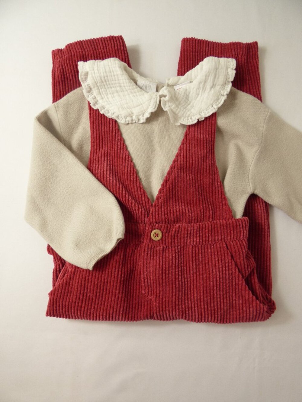 Zara Girls Red Corduroy Overalls with Tan Collared Sweater, Size 4-5 Years